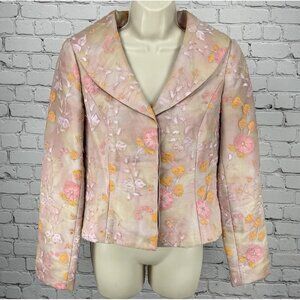 Shani Pink Pastel Floral Silk Chiffon Beaded Lined Button Blazer Jacket USA 6